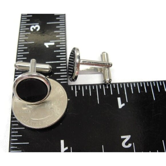 Silver Tone Black Round Cufflinks Wedding Tux Vintage - Picture 7 of 9
